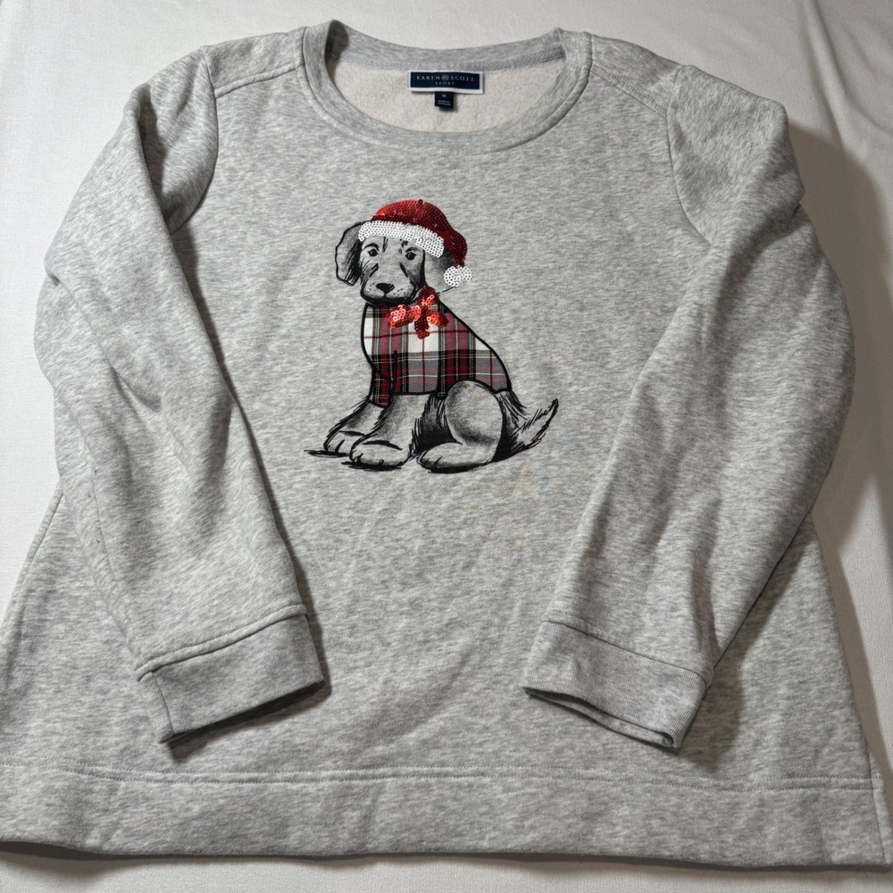 Karen Scott Sport Womens Gray Dog Christmas‎ Santa Hat Sequin Medium Crewneck